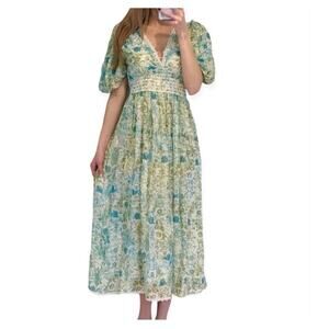 Rococo Sand Elan Blue Floral Puff Sleeve Midi Dress X-Small